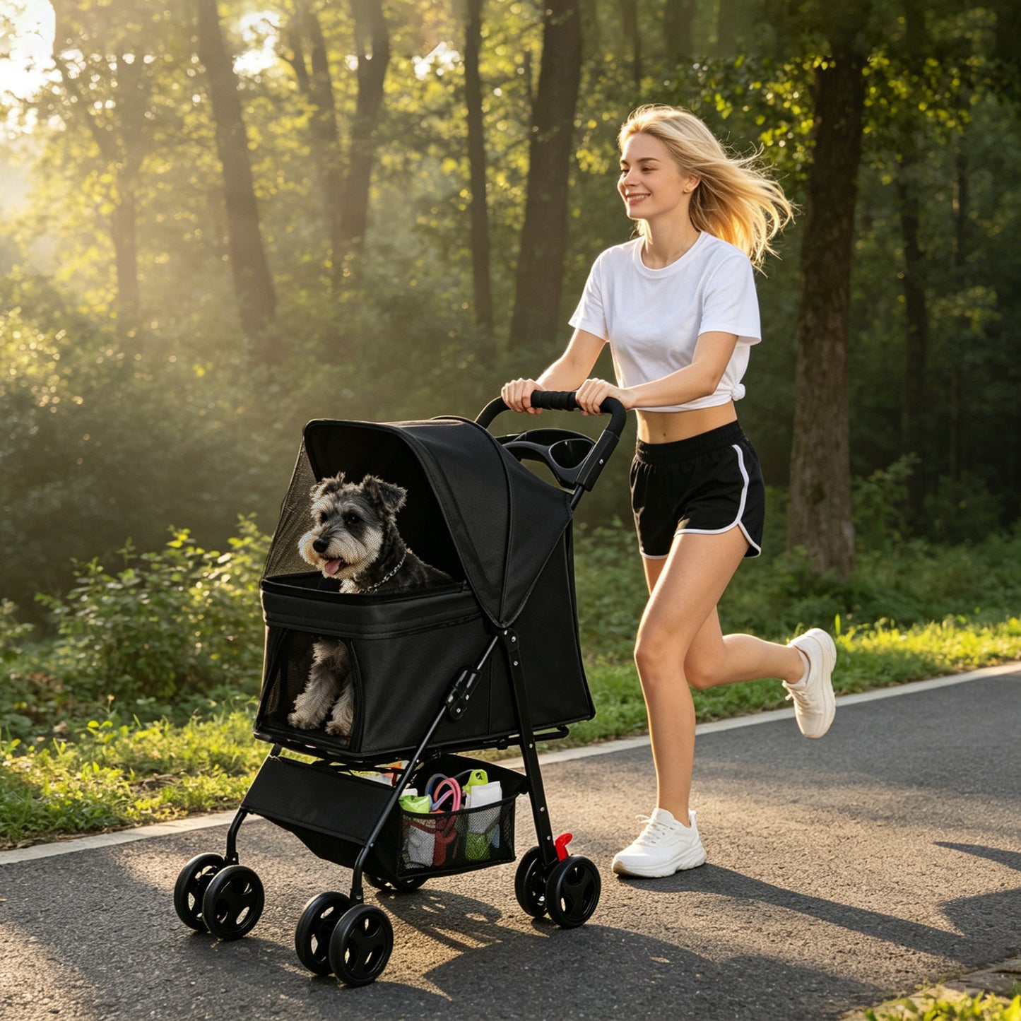 Foldable Pet Stroller for Small Dogs and Cats Under 28 lbs with Multi-Functional Tray, 2 Safety Leashes, Storage Basket & Breathable Mesh, 4 Wheels Pet Stroller, Black image 10
