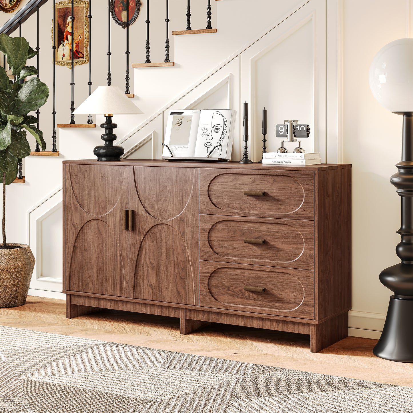 59.1" Buffet Sideboard with 2 Doors and 3 Drawers, Walnut Finish with Oval Grain Texture, Farmhouse Storage Cabinet for Dining Room Living Room Hallway, Large Space Accent Furniture, Easy Assembly image 1