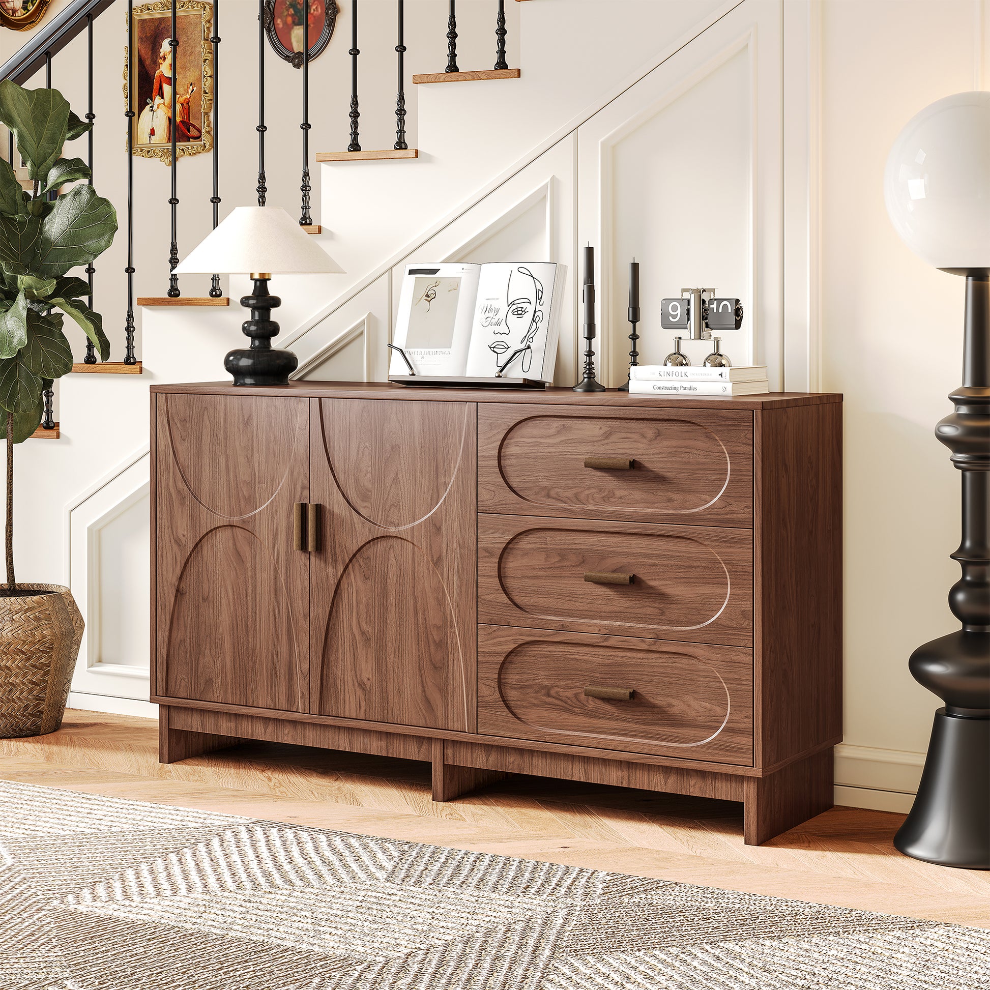 59.1" Buffet Sideboard with 2 Doors and 3 Drawers, Walnut Finish with Oval Grain Texture, Farmhouse Storage Cabinet for Dining Room Living Room Hallway, Large Space Accent Furniture, Easy Assembly image 1