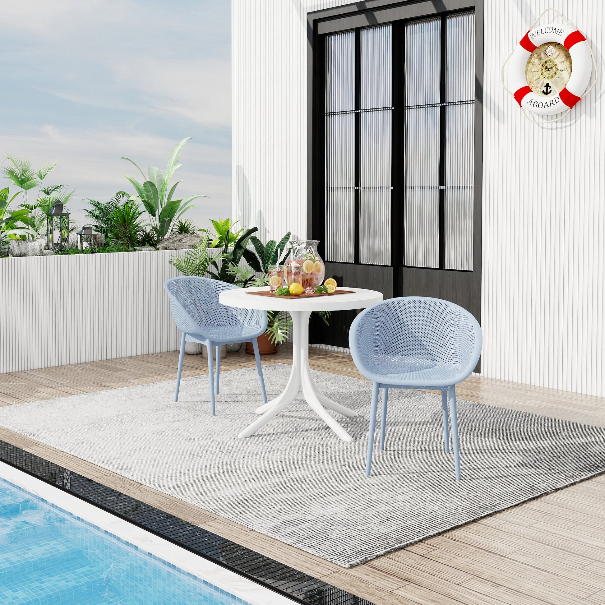 Summer - 2-Pack Light Blue Modern Lounge Chairs – Indoor/Outdoor All-Weather PP Plastic with 36 Inch Indoor/Outdoor Modern White Round PP Table image 2
