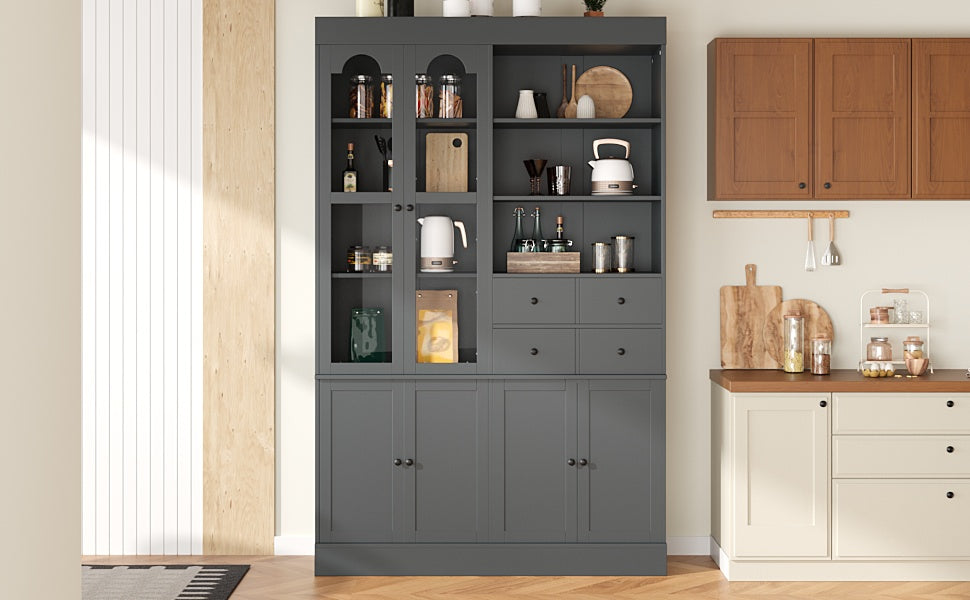 [Assembly Video Provided] TOPMAX 47.2x15.7x75inch Freestanding Buffet with Hutch, Tall Kitchen Pantry Cabinet with 4 Drawers, Door Shelves and Pull-out Trays for Dining room, Living Room, Gray image 3
