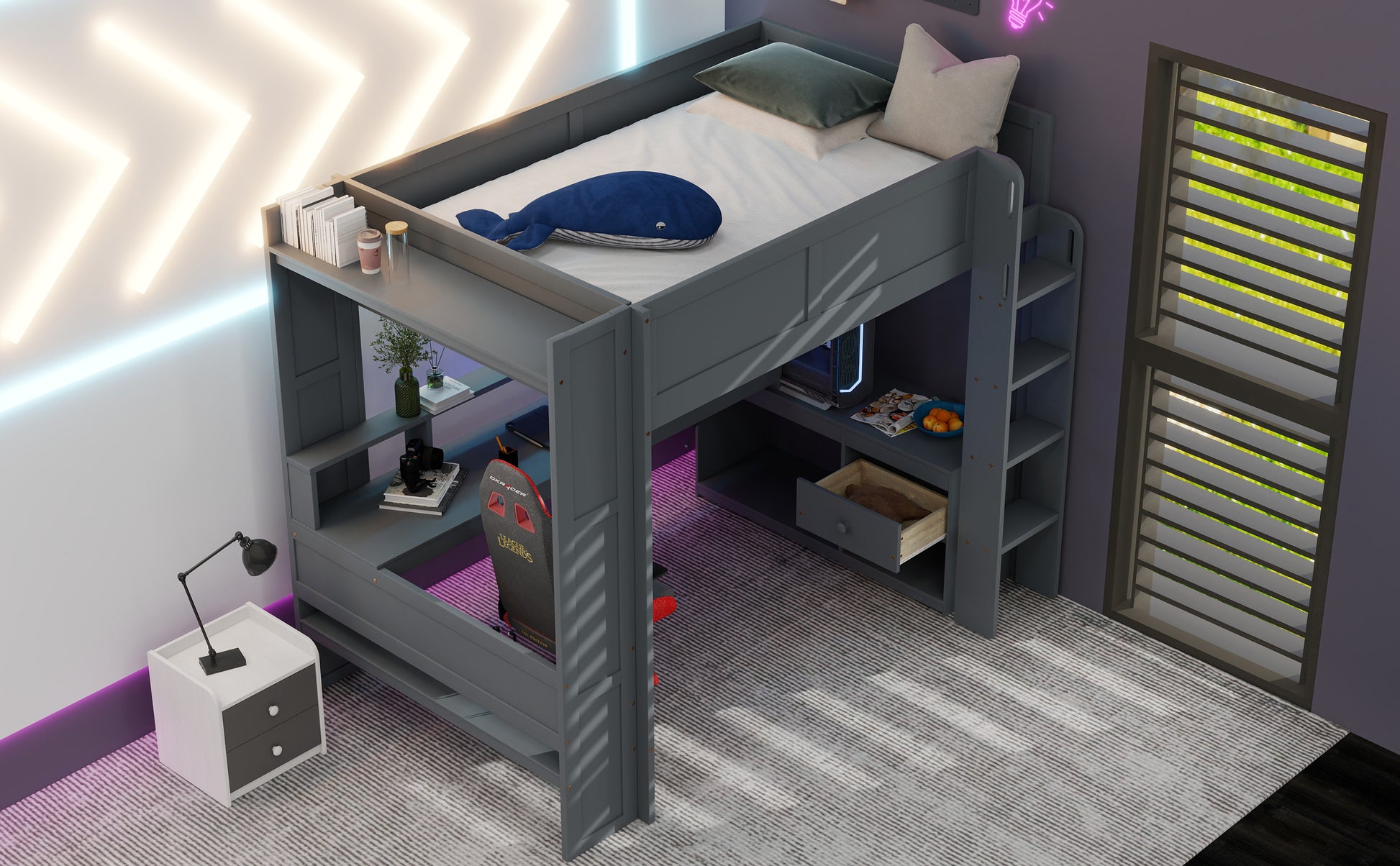 Wood Full Size Gaming Loft Bed with Desk, Multi-storage Shelves, LED and Charging Station, Dark Gray(Old SKU:SM000374AAE) image 7