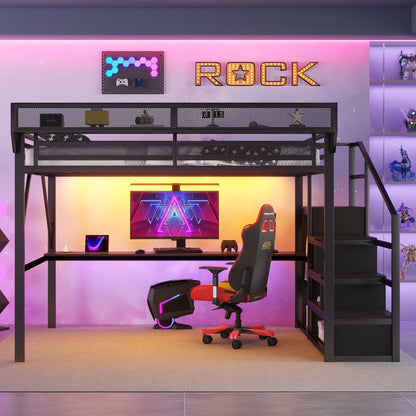 Queen Loft Bed with Desk and Charging Station, Queen Size Metal Loft Bed with Stairs and Light for Kids Teens, Black (Expect Arrival Date 2026/3/25) image 2