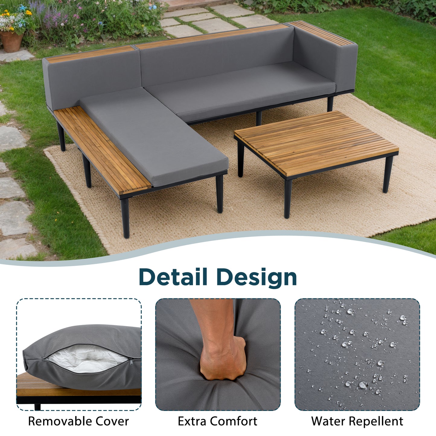 <Old SKU: N704G201251E> Luxury Patio Furniture Set with Removable Cushions and Coffee Table, L-Shaped Acacia Wood Sofa with Side table, Outdoor Conversation Sectional Sofa for Backyard, Porch, Gray image 3
