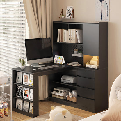 L Shaped Desk with Charger,Computer Desk with Drawers,Bookshelf, with LED Light,Modern Corner Desk,Home Office Desk,L-Shaped Study Table Writing Desk,Corner Gaming Computer Desk with Storage image 1