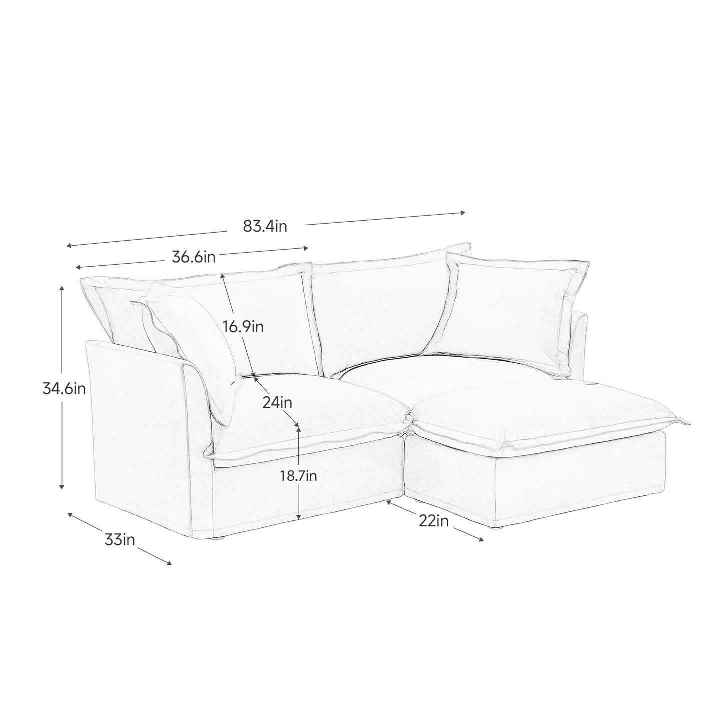 Slipcovered Sectional 2 Seater Sofa Couch with Convertible Ottoman, Wide and Deep Seat L Shaped Sofa with Detachable Cover and Soft Multiple Big Pillows, Chenille Fabric, Cream image 11