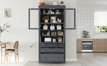 [Assembly Video Provided] TOPMAX 36x16.5x78inch Freestanding Kitchen Pantry Storage Cabinet,Multifunctional Cupboard with 3 Drawers,Adjustable Shelves and Power Outlet for Dining and Living Room,Grey image 7