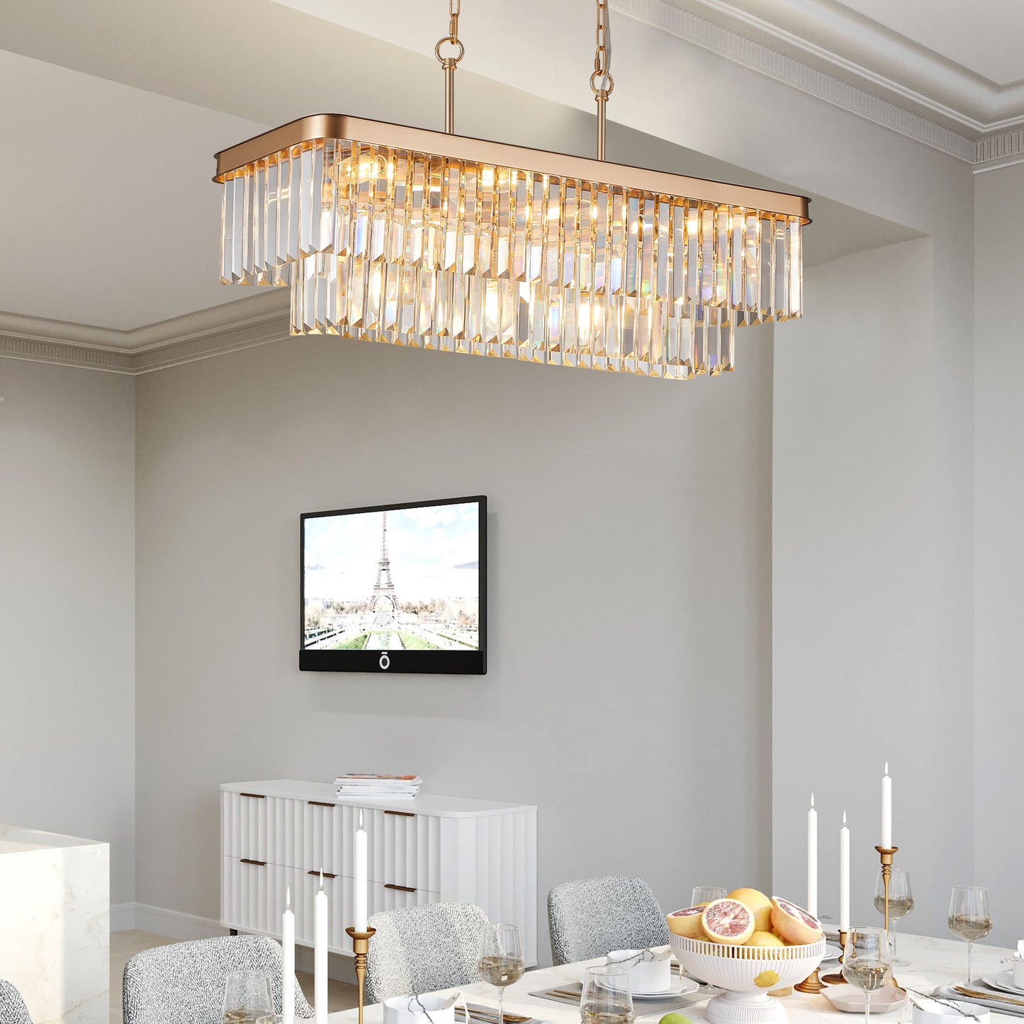 Chandeliers,Rectangular Crystal Chandelier Adjustable,E12 Modern Industrial Crystal Lights,Farmhouse Iron Ceiling Hanging Light for Kitchen Living Room Bedroom/Gold(Bulb Not Included) image 2