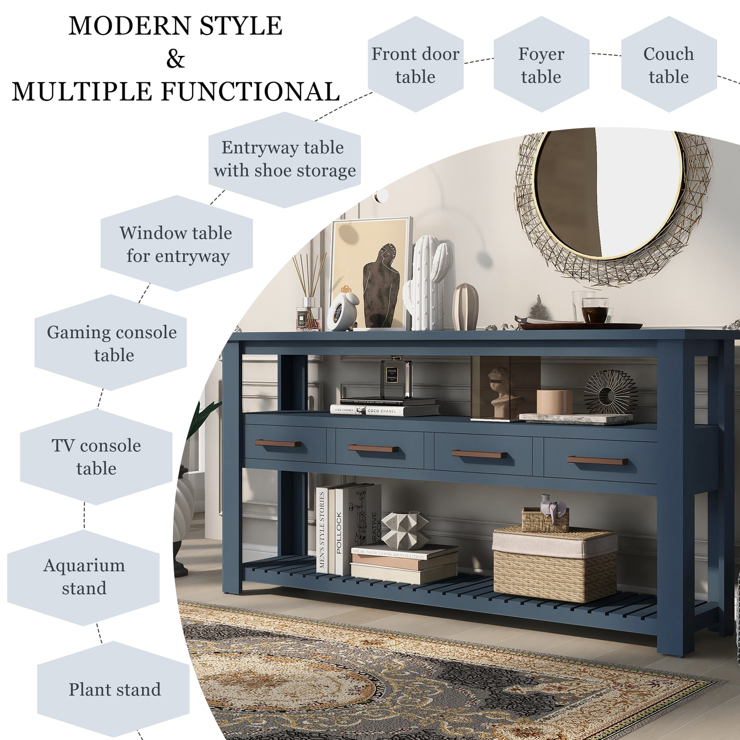 U_STYLE 61.5''Large Entryway Table with 4 Drawers,Painted Console Table with 3-Tier Open Shelves and Metal Handles,Versatile Hallway Sofa Table for Living Room, Bedroom, Foyer and Kitchen image 5