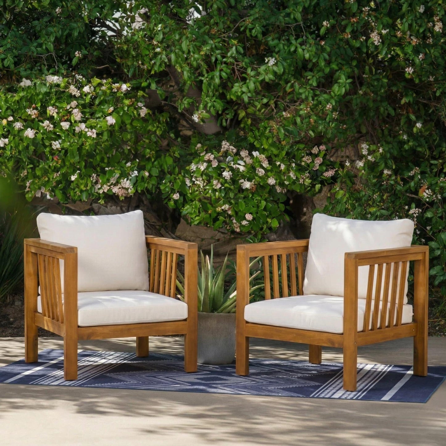 Set of 2 Outdoor Acacia Wood Club Chairs with Modern Square Arms, 2-Piece Patio Conversation Set with Thick Cushions, Adjustable Leveling Feet for Poolside, Backyard & Deck, Beige Cushions image 1