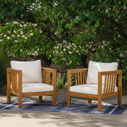 Set of 2 Outdoor Acacia Wood Club Chairs with Modern Square Arms, 2-Piece Patio Conversation Set with Thick Cushions, Adjustable Leveling Feet for Poolside, Backyard & Deck, Beige Cushions image 1