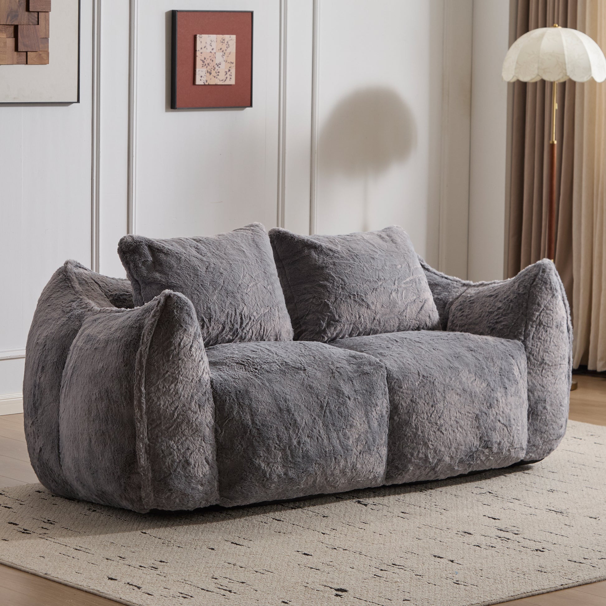 Giant Bean Bag Couch for Adults, Ultra Soft Fluffy Loveseat Bean Bag Sofa, Oversized Chase Lounge Chair Indoor for Living Room Bedroom, No Assembly Required Cozy Reading Chair with Pillows, Grey image 1