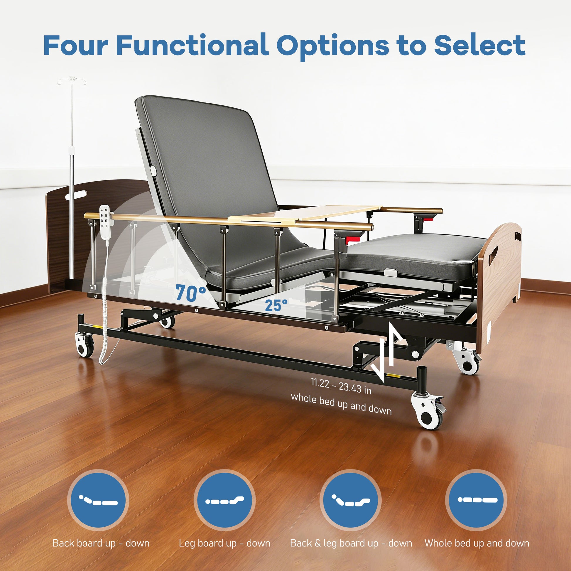 Full Electric advanced 3-function bed for home care & hospital ICU comes with a high-density air fiber mattress, remote control, IV pole and lockable silent casters- 83" x 42.5"-FDA image 2