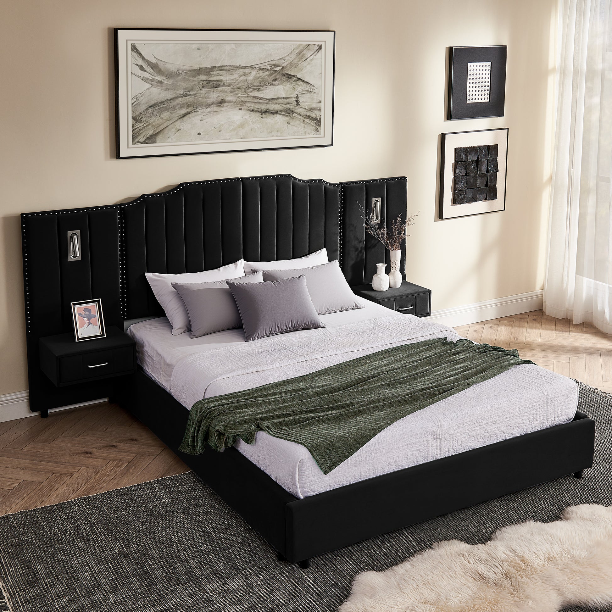 Queen Size Upholstered Bed Frame with Velvet Fabric, Vertical Stripe Design with Buttons Around Platform Bed with Headboard, Solid Frame & Bedside Table - No Box Spring Needed-Black image 4