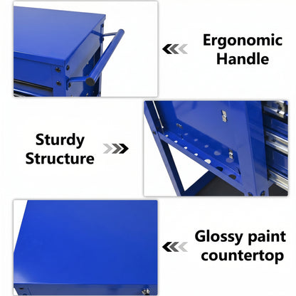 3 DRAWERS MULTIFUNCTIONAL TOOL CART WITH WHEELS AND STEEL TOP-Blue&Black image 8