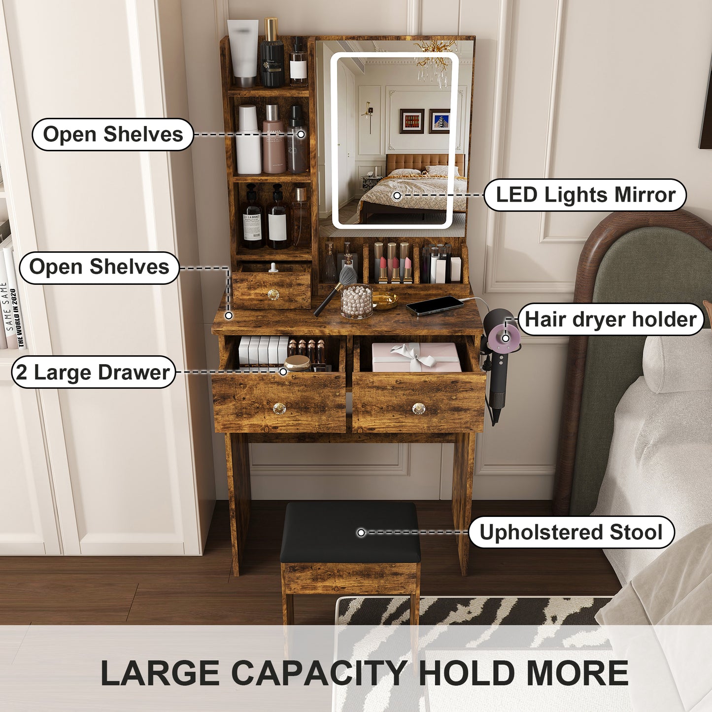Modern small Vanity Desk,featuring 3 modes of LED lighting with adjustable brightness, 3 drawers and multiple open storage shelves, a hair dryer holder and power socket, and a dressing chair. brown image 5