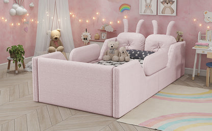 Twin Size Upholstered Platform Bed with Rabbit Cushion, Kids Floor Upholstered Bed with Removable Side Rails, Pink(Old SKUW2593P395807 Expect Arrival Date 2026/7/14) image 4