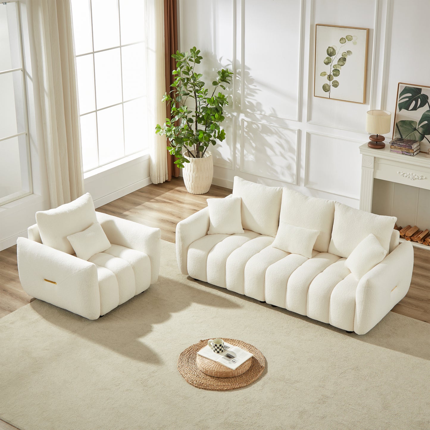 3 Seater + 1 Seater Combo Sofa Modern Living Room Sofa, Teddy Sofa, Wooden Frame, 4 Cushions, Apartment Sofa Furniture image 1