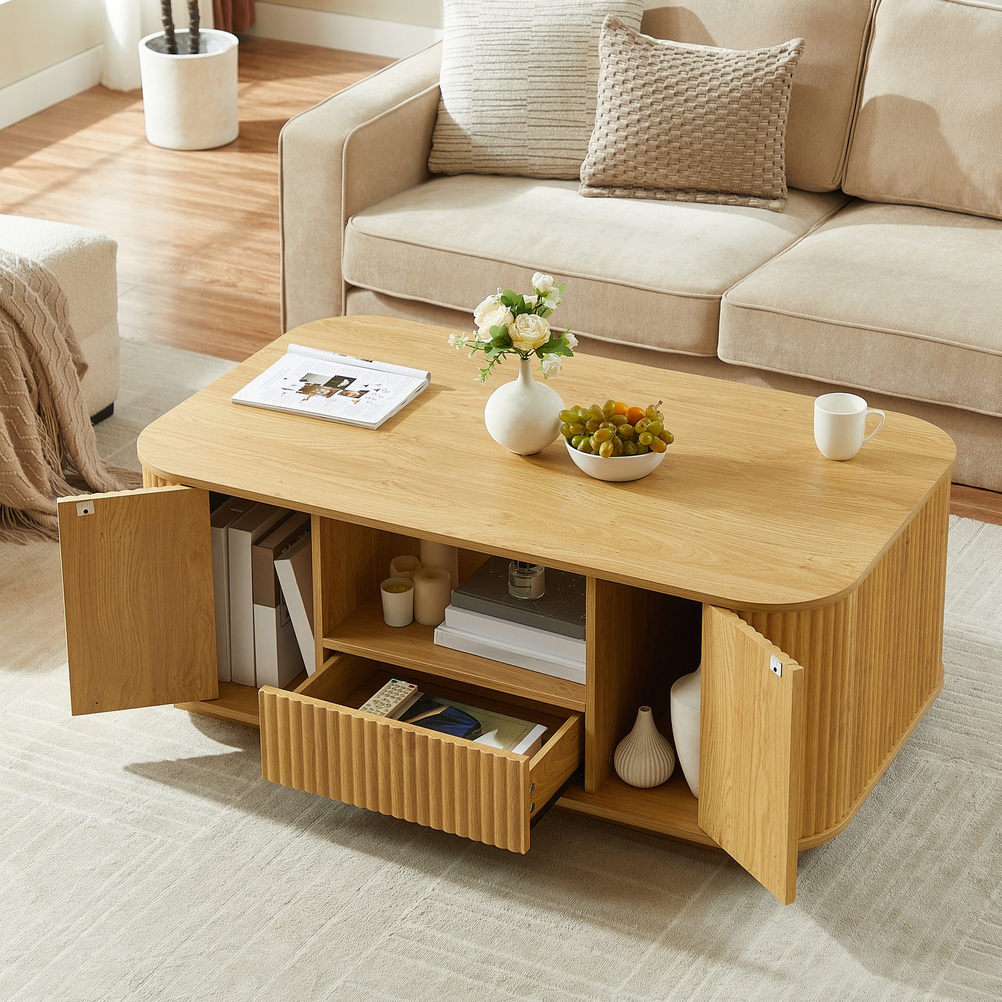 46.5"modern luxury oval coffee table with drawers and storage compartments, curved contour design, living room center coffee table, suitable for living rooms and offices, Natural, 46.5"L*27.2"W*17.7"H image 3
