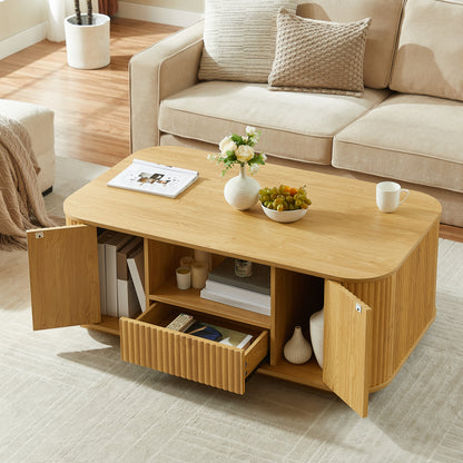 46.5"modern luxury oval coffee table with drawers and storage compartments, curved contour design, living room center coffee table, suitable for living rooms and offices, Natural, 46.5"L*27.2"W*17.7"H image 3