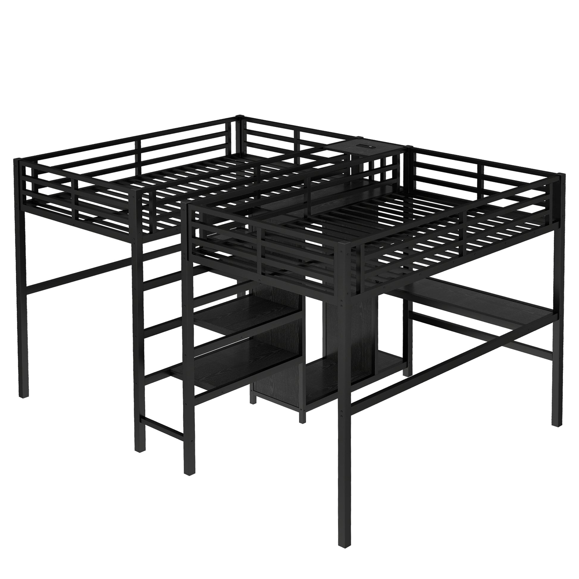 Twin Over Twin Metal Loft Bed with Double Desk and Wardrobe and Shelves with Electrical Outlet for Space Saving and Noise Reduction,Black image 8