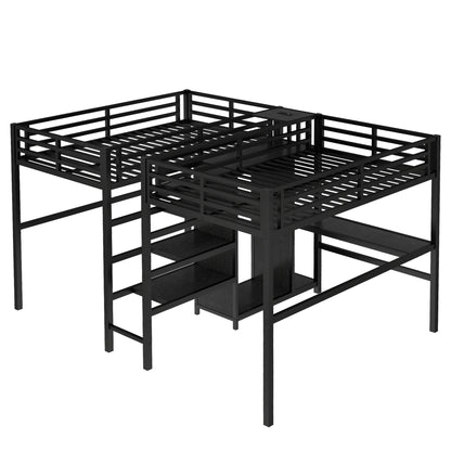 Twin Over Twin Metal Loft Bed with Double Desk and Wardrobe and Shelves with Electrical Outlet for Space Saving and Noise Reduction,Black image 8