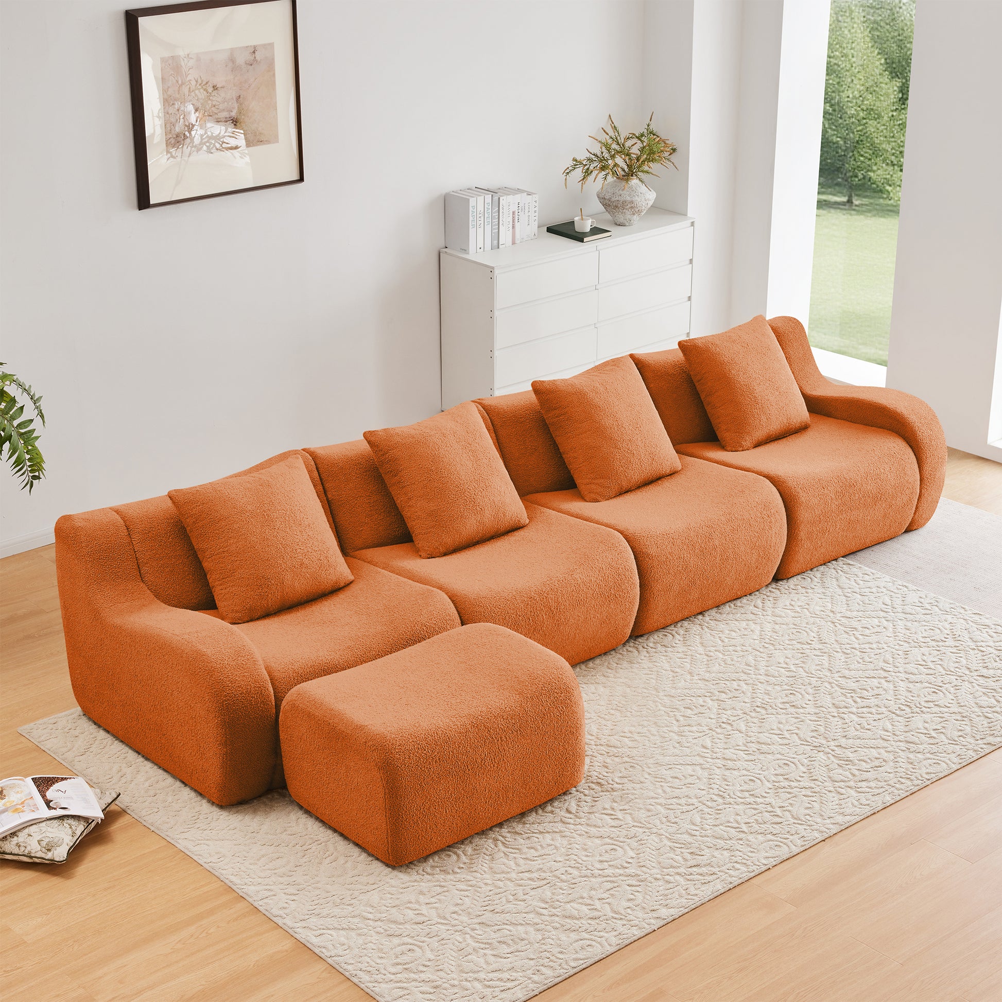 L-Shaped 4-Seat Boneless Sofa,Teddy Fabric No Assembly Required Curved Armrest,Anti-slip Design, Assembly Chaise,32D High Density Sponge Full Compression Vacuum Packag,For Studies living Rooms,Orange image 2
