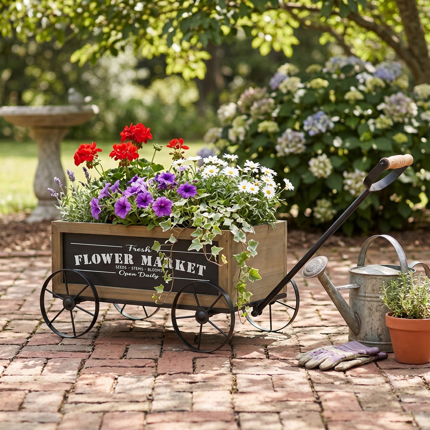 16.5x9.5x8" Rustic Wooden Wagon Planter with Black Iron Wheels and Handle image 9