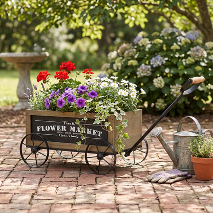 16.5x9.5x8" Rustic Wooden Wagon Planter with Black Iron Wheels and Handle image 9