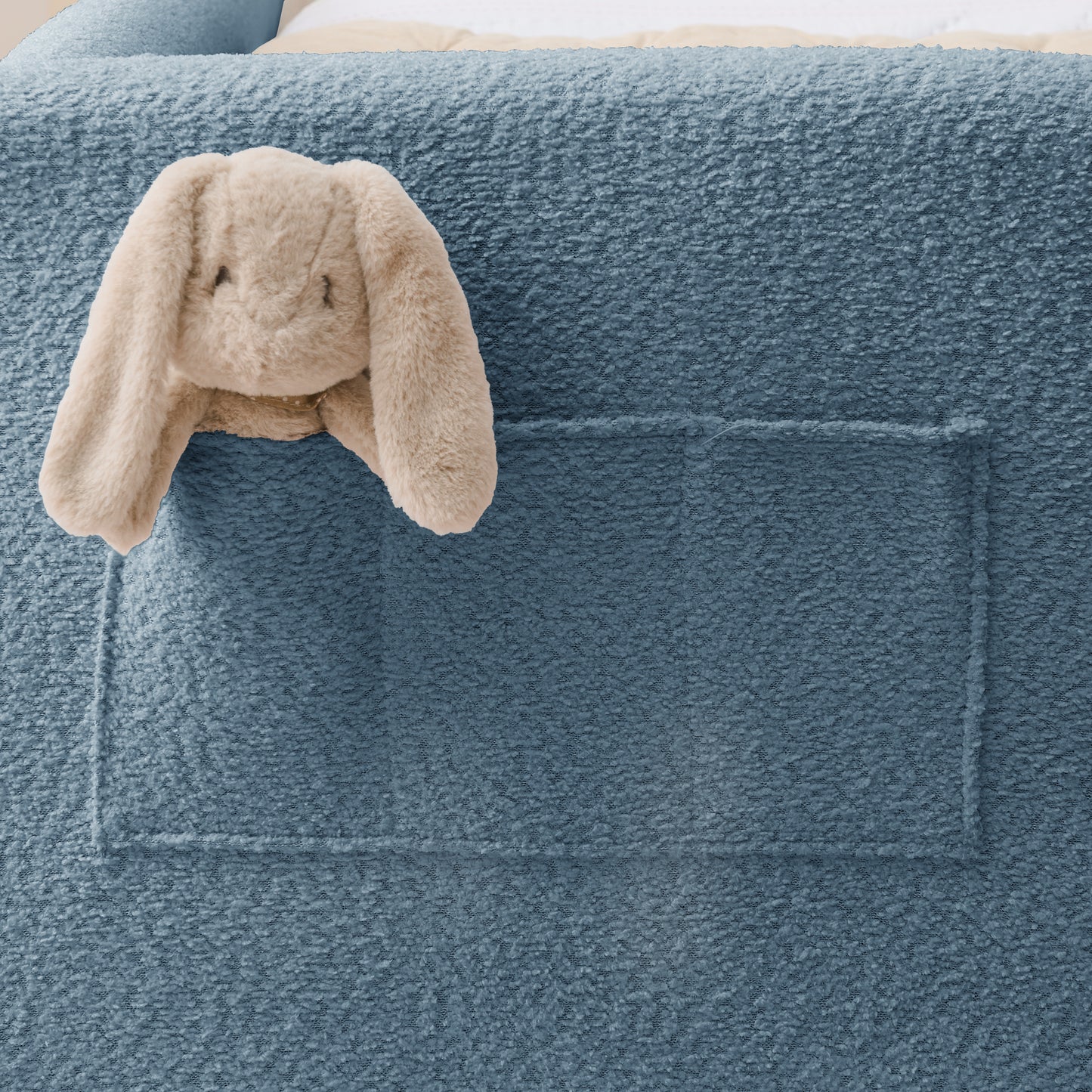Twin Size Upholstered Platform Bed with Cute Rabbit Ear Shaped Headboard, with Safety Rail and Pocket, Boucle Fabric image 4