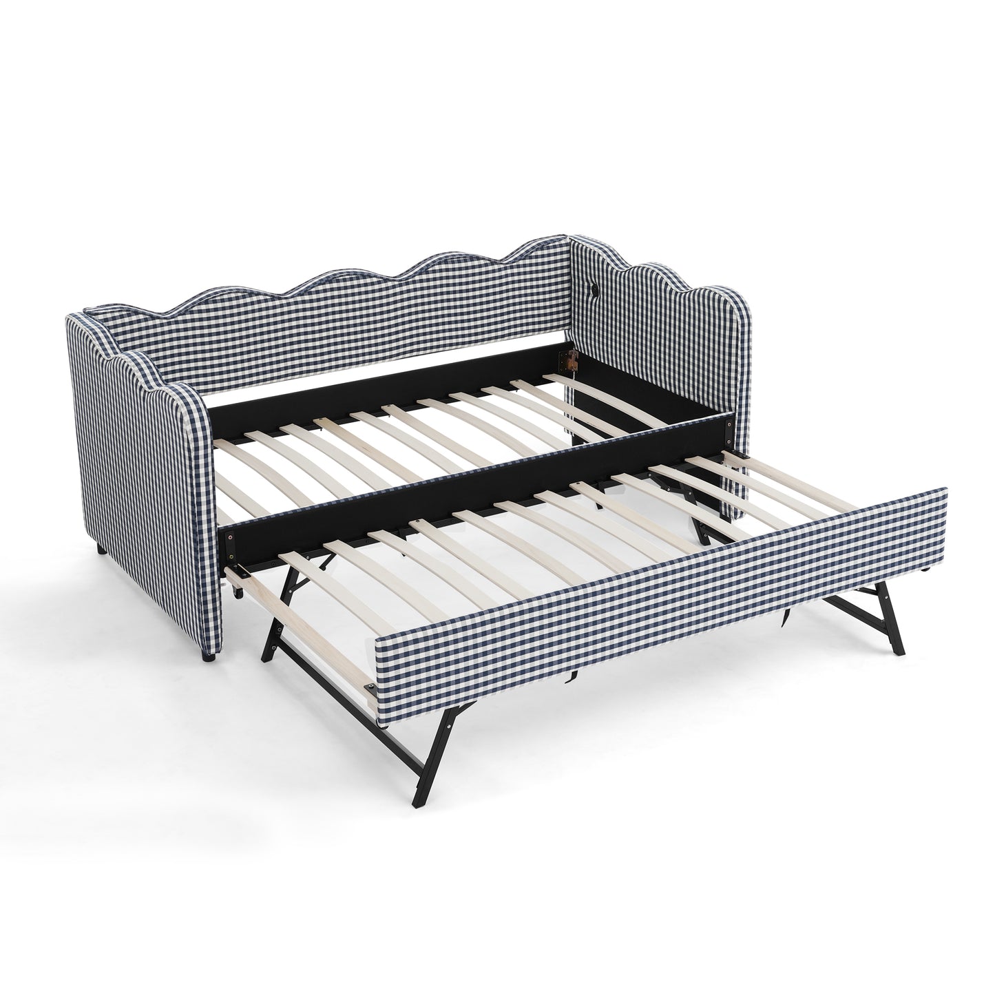 Cozy Gingham Daybed with Trundle Twin Size Sofa Bed No Box Spring Needed, with USB Port and Adorable Wave Shaped, Linen Fabric, Navy image 10