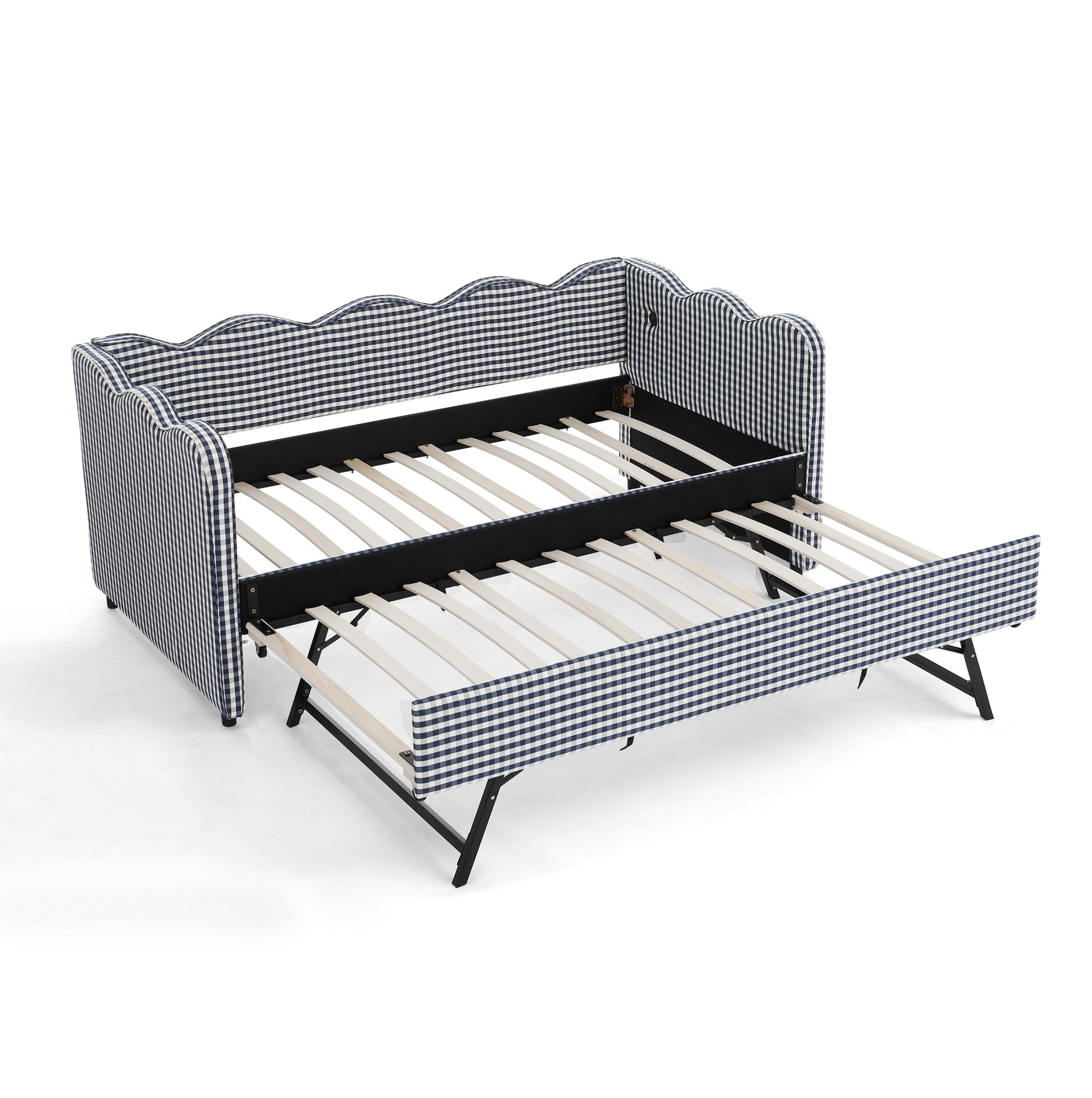 Cozy Gingham Daybed with Trundle Twin Size Sofa Bed No Box Spring Needed, with USB Port and Adorable Wave Shaped, Linen Fabric, Navy image 10