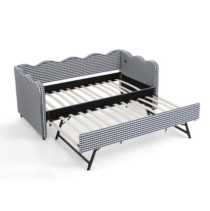Cozy Gingham Daybed with Trundle Twin Size Sofa Bed No Box Spring Needed, with USB Port and Adorable Wave Shaped, Linen Fabric, Navy image 10