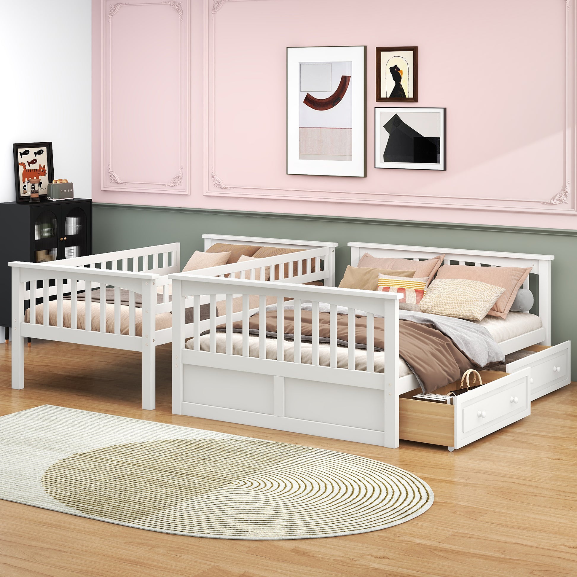 Twin over Full Bunk Bed with Drawers, Convertible Beds, White image 2