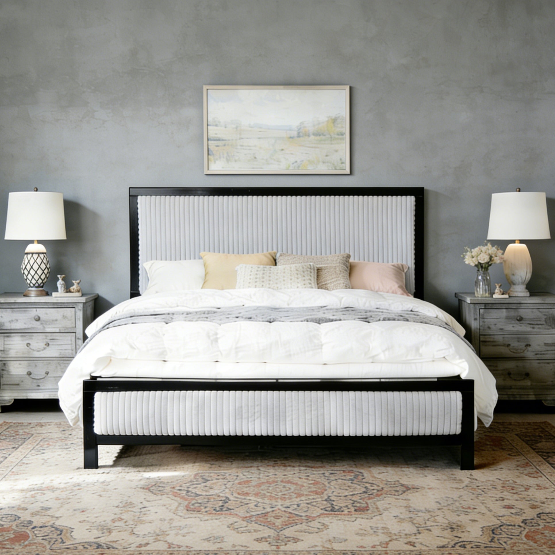 Queen Upholstered Bed with Fluffy Soft Headboard,Grey+Black Frame image 2