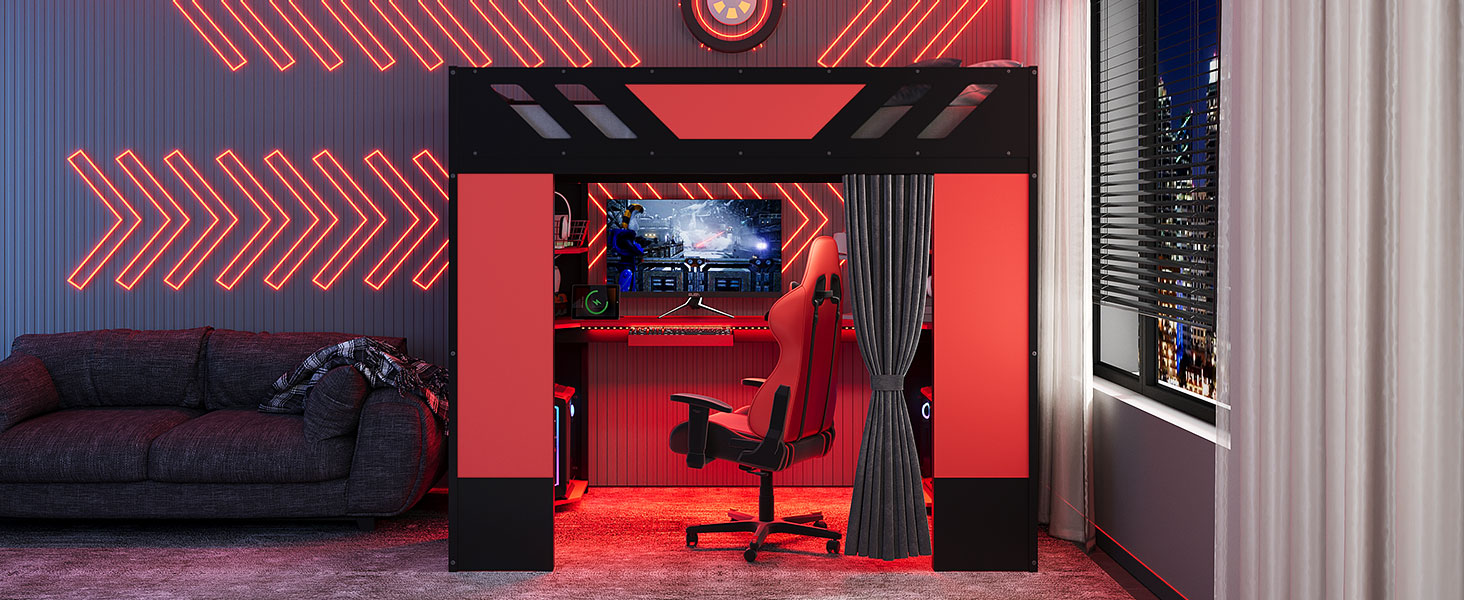 Full Size Wood Loft Bed with,Shelves,Blackout Curtains,and RGB Lights,Black+Red image 5