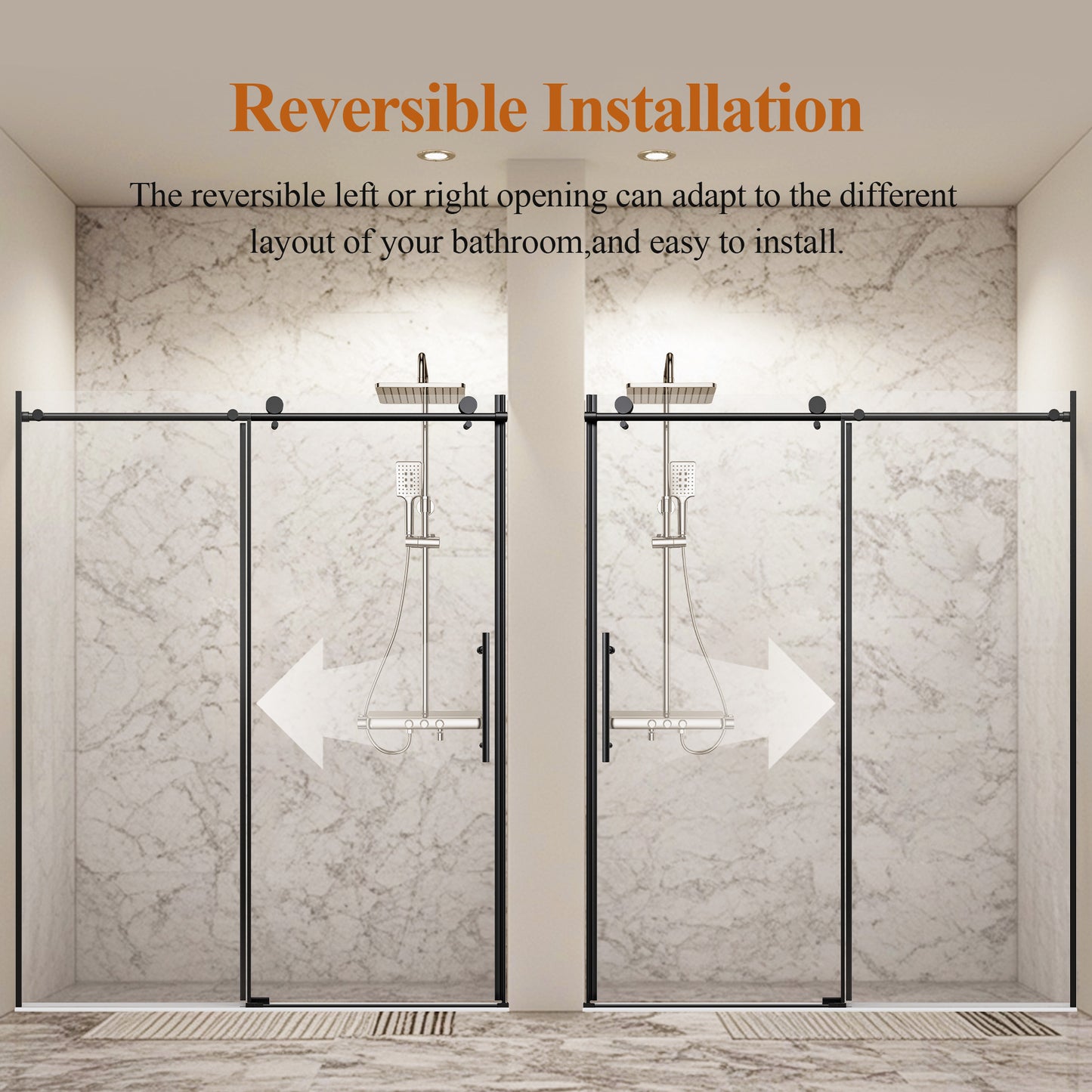 56-60" W * 76" H Stainless Steel Round Tube Frameless Single Sliding Shower Door, 1/4"-thick (6mm) SGCC Clear Tempered Glass Door, Reversible Installation, Matte Black image 7