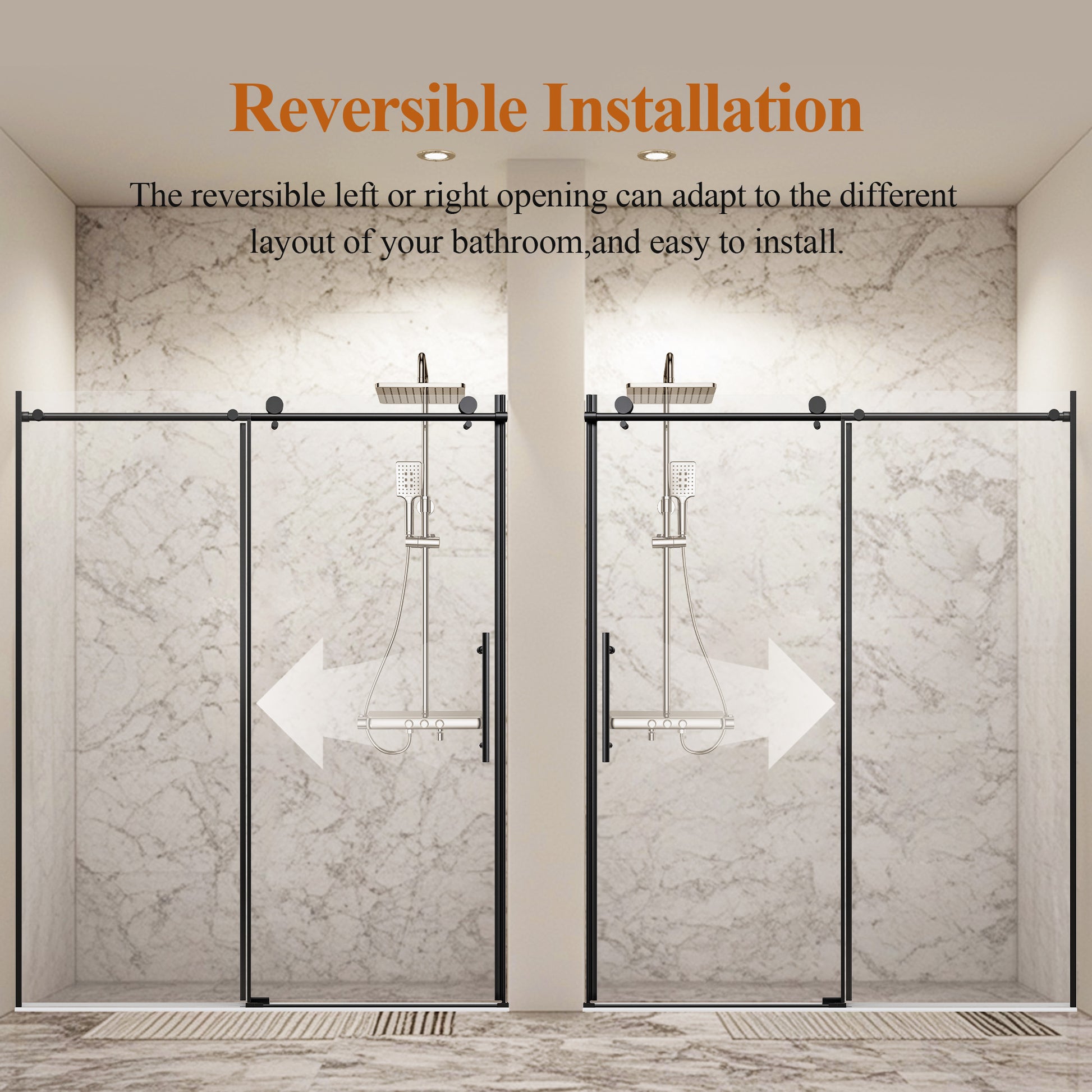 56-60" W * 76" H Stainless Steel Round Tube Frameless Single Sliding Shower Door, 1/4"-thick (6mm) SGCC Clear Tempered Glass Door, Reversible Installation, Matte Black image 7