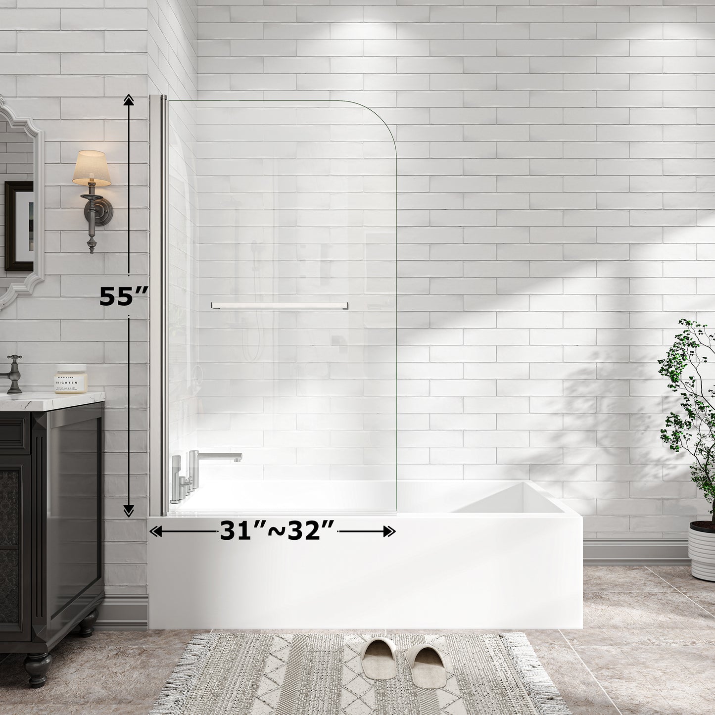 31"-32" W x 55" H Brushed Nickel Flexible 180° Pivot Shower Door Reversible Installation Frameless Bathtub Screen,1/4"(6MM) Tempered Glass With Nano Easy Cleaning And Stick Explosion-proof Membrance image 2