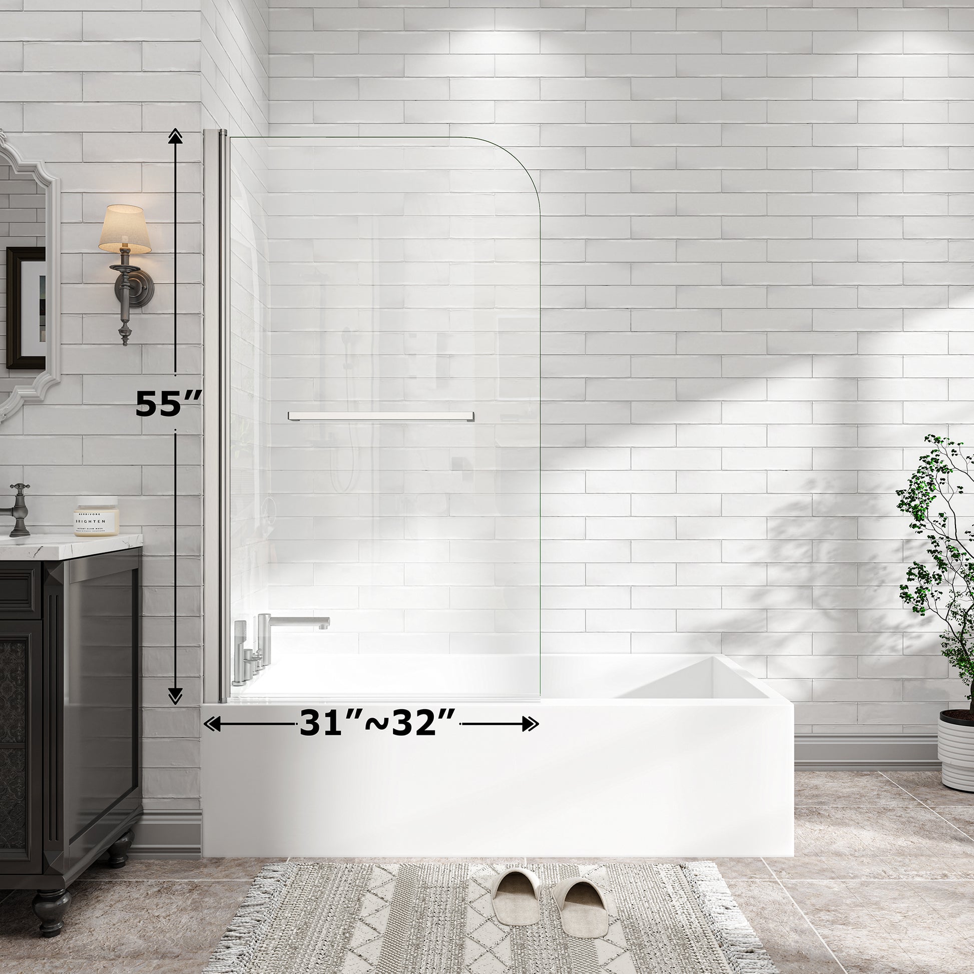 31"-32" W x 55" H Brushed Nickel Flexible 180° Pivot Shower Door Reversible Installation Frameless Bathtub Screen,1/4"(6MM) Tempered Glass With Nano Easy Cleaning And Stick Explosion-proof Membrance image 2