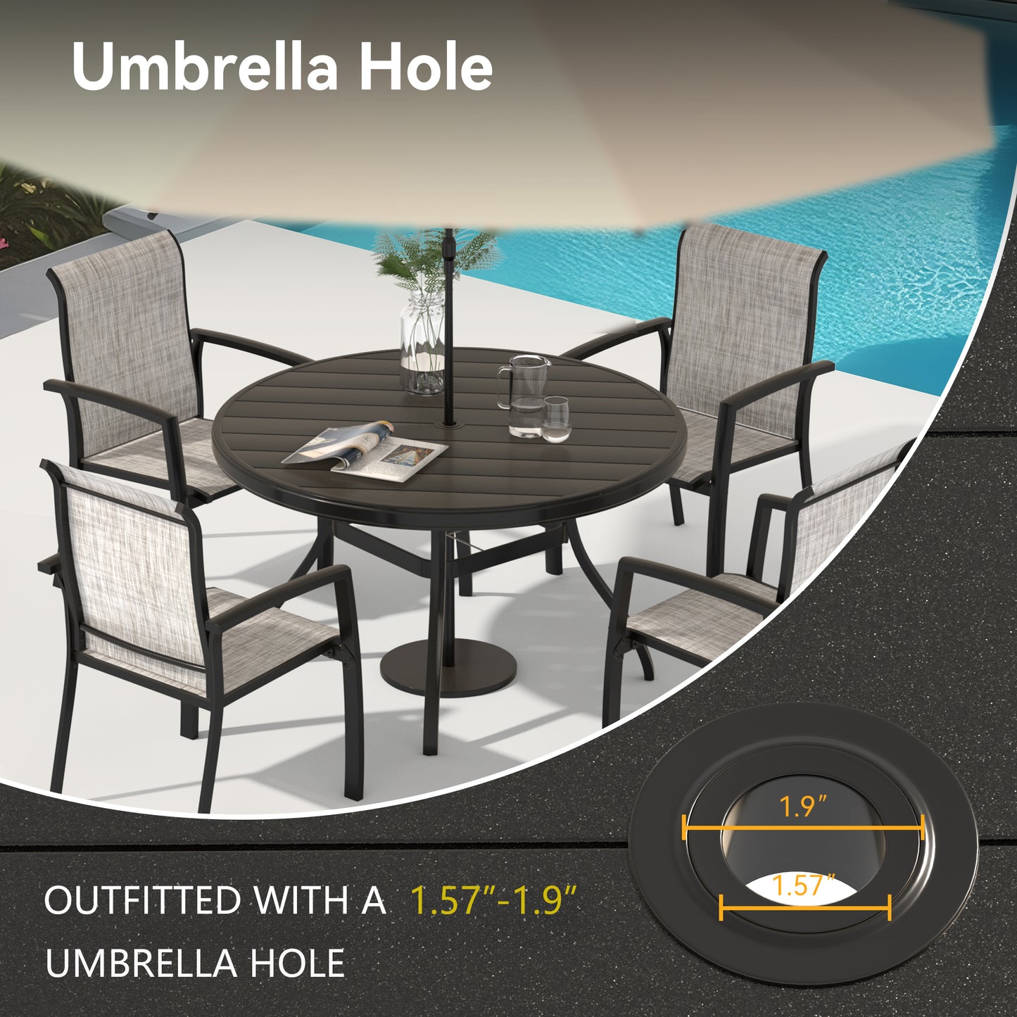 Outdoor Round Patio Dining Table for 6-7, All Weather Metal Dining Table with Umbrella Hole for Deck Lawn Garden Backyard, Black Color image 3