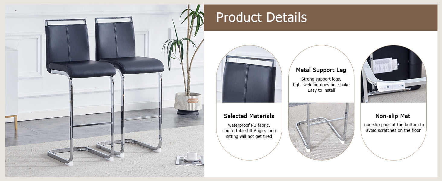 Modern and beautiful bar stool upholstered in PU leather with C-shaped silver metal legs for dining rooms, kitchens, terraces and guest office chairs.(set of 6) (black+PU) image 8