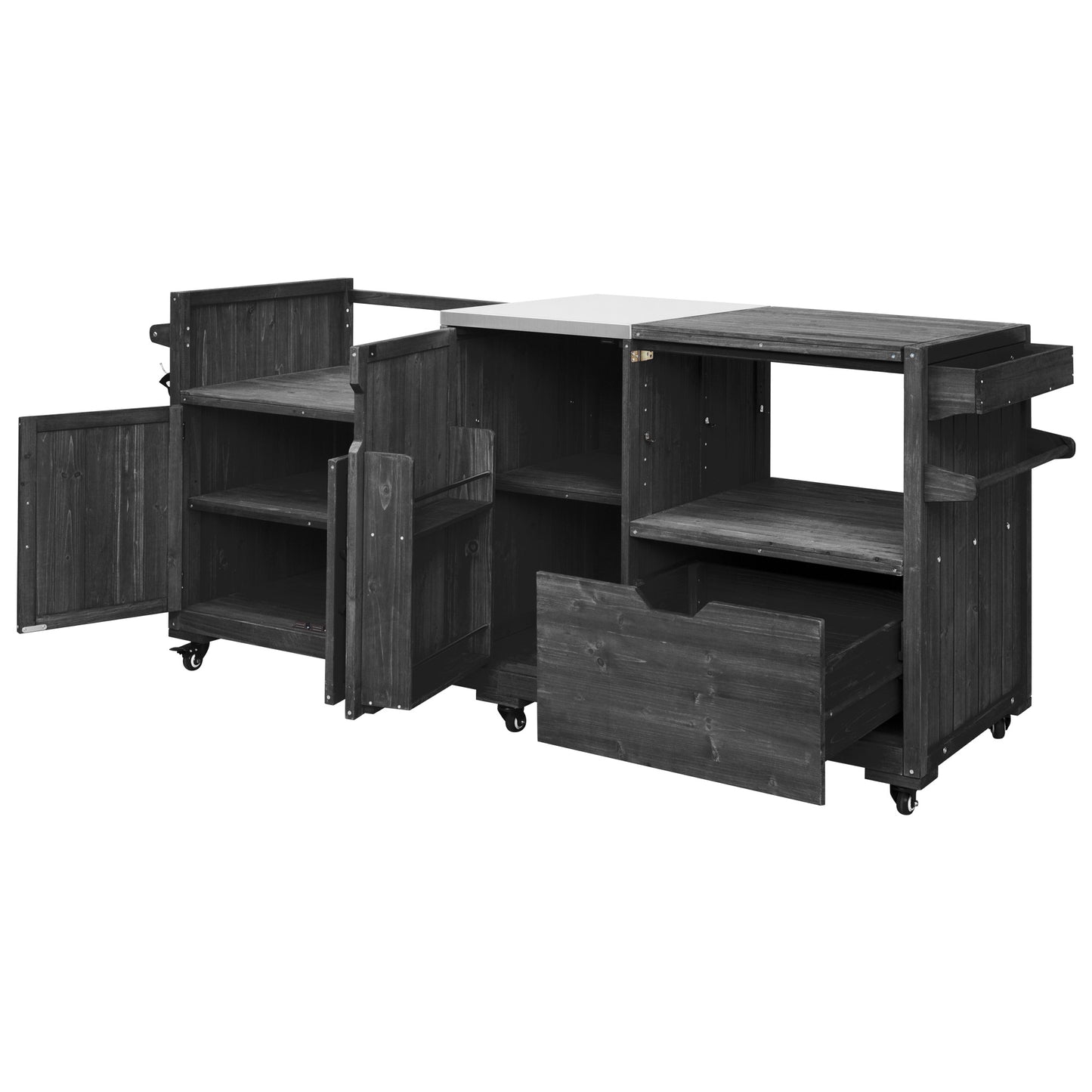 K&K 80.5" Outdoor Kitchen Island for Big Green Egg& Blackstone Griddle, Solid Wood Grill Cart Table with Stainless Steel Top, Drawer for Large Big Green Egg and 21"/28" Blackstone Griddle, Black image 9