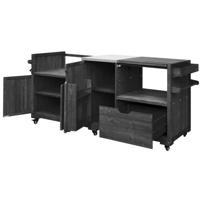 K&K 80.5" Outdoor Kitchen Island for Big Green Egg& Blackstone Griddle, Solid Wood Grill Cart Table with Stainless Steel Top, Drawer for Large Big Green Egg and 21"/28" Blackstone Griddle, Black image 9