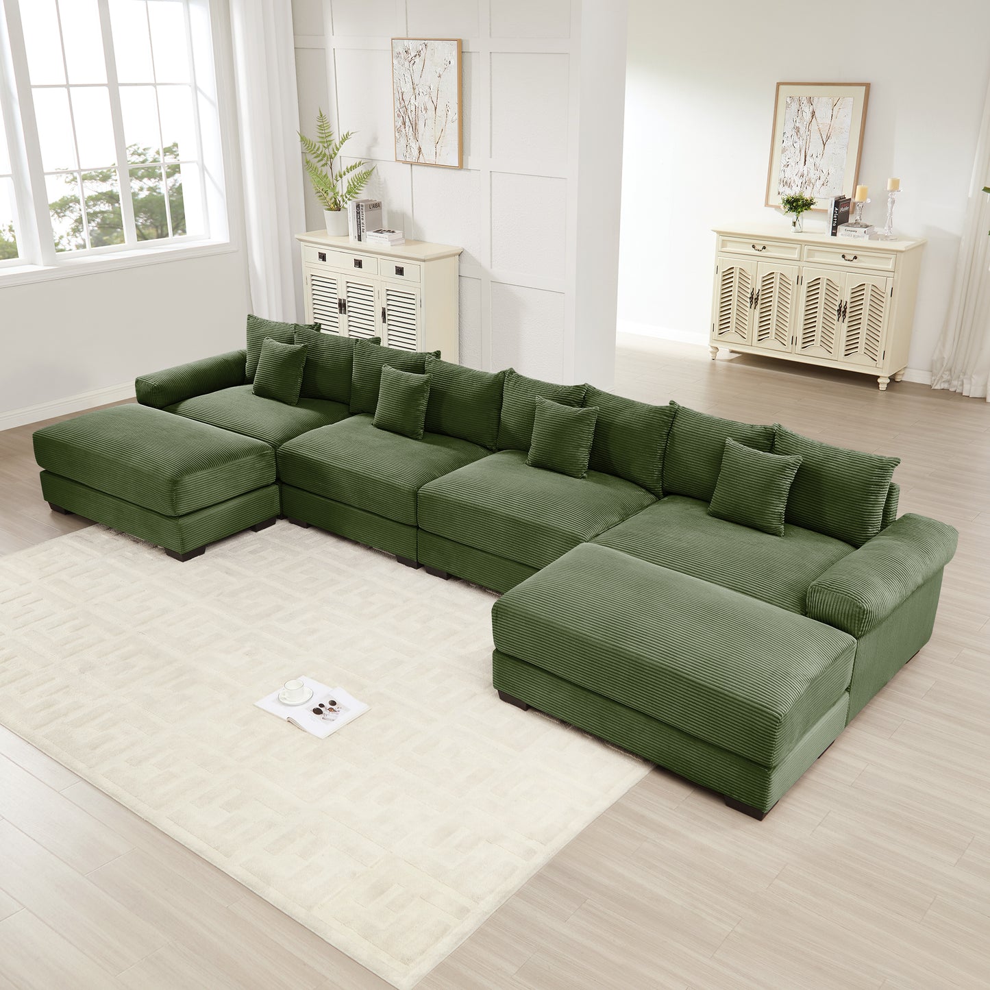 170"Oversized Cloud Modular U-Shape Sectional Couch,Premium Corduroy Fabric With An Ottoman,Deep Seat Wide Armrests,8 Throw Pillows Good Resilience Cushion,Easy Assembly,For Living Rooms Studies,Green image 1