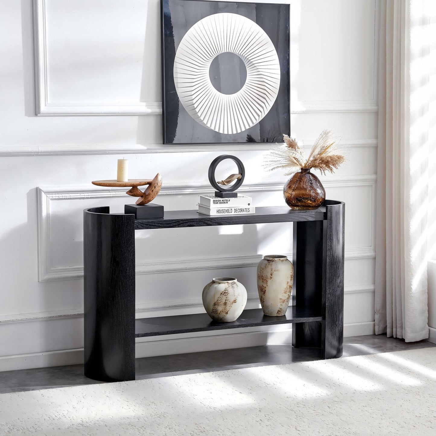 Double-layer Black curved foyer table - Black wood grain minimalist entrance small space living room sofa side table image 3