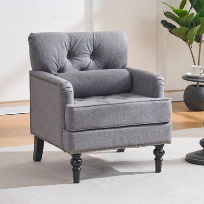Tufted Club Chair with pillow, Accent Chair, Upholstered Button Armchair, Linen Fabric Corduroy Sofa Chairs for Bedroom, Living Room, Mid Century Modern with Studded Reading Chair, Gray image 1