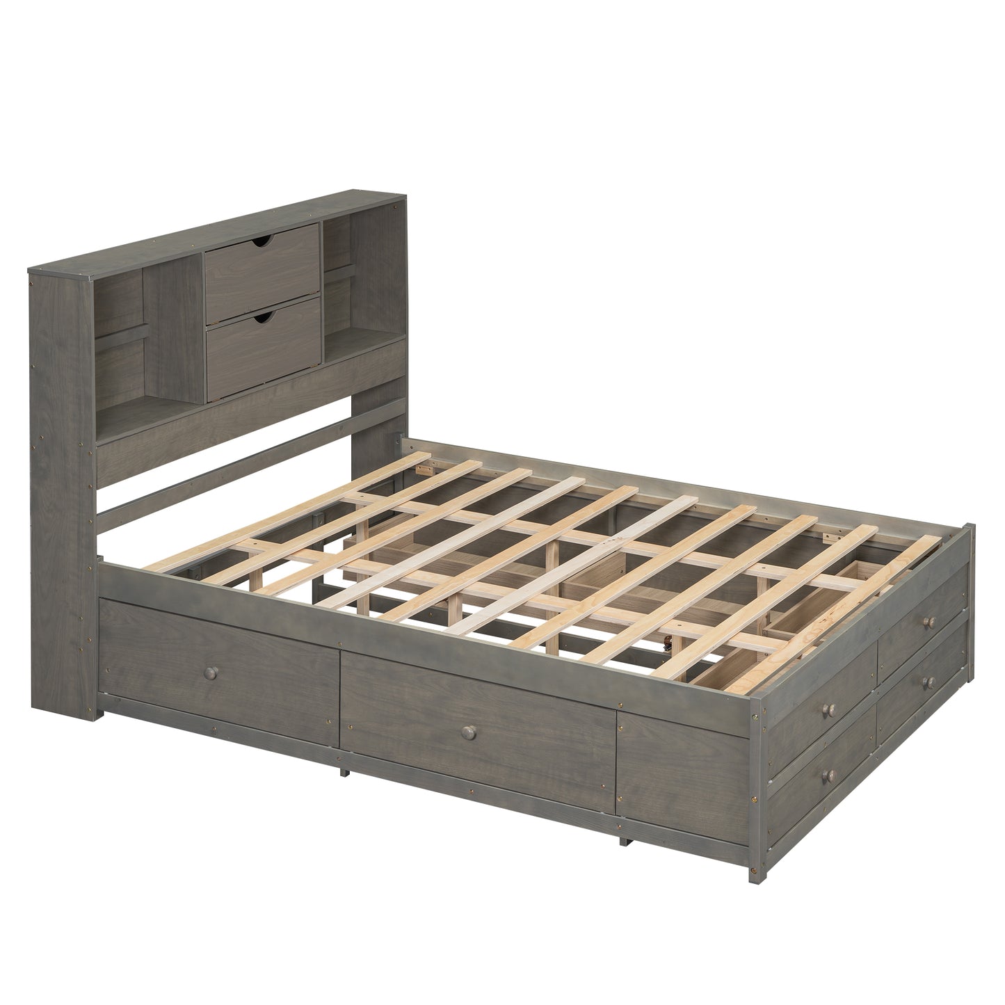 Queen Size Platform Bed with Storage Headboard and 8 Drawers, Gray image 12