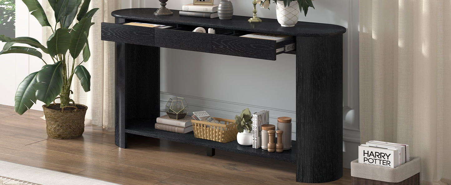 U_Style 59.8'' Modern Oak Veneer Console Table with 3 Drawers,Farmhouse Entryway Table with Shelf,Wood Sofa Table with Semi-Circular Design, Suitable for Living Room,Hallway,Entryway, Foyer, Corridor image 3