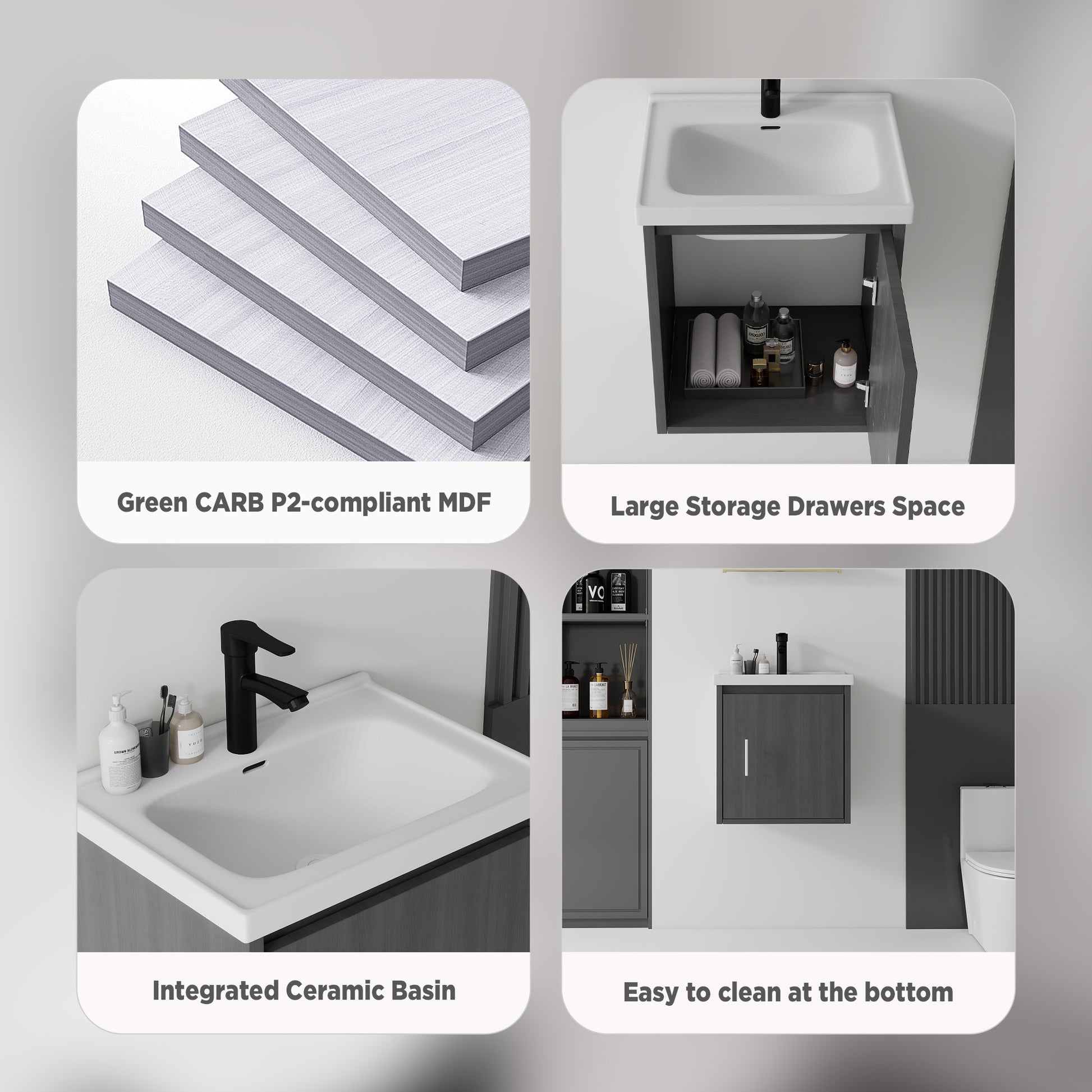 20 Inch Floating Bathroom Vanity with Sink, Soft-Close Door,Ceramic Sink,Plywood, Grey image 2
